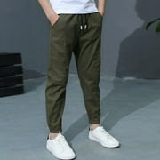Boys Uniform Pants Size 10-12 Comfortable Cotton Linen Kids Sweatpants Soild Color Trousers with Pocket Elastic Waist Drawstring Casual Pants